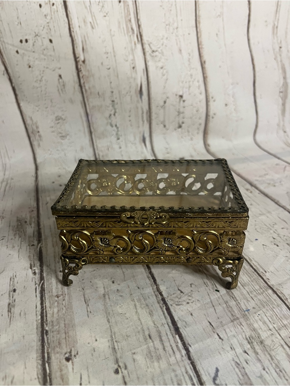 Vintage Filigree Beveled Glass Jewelry Box Casket Ornate Footed